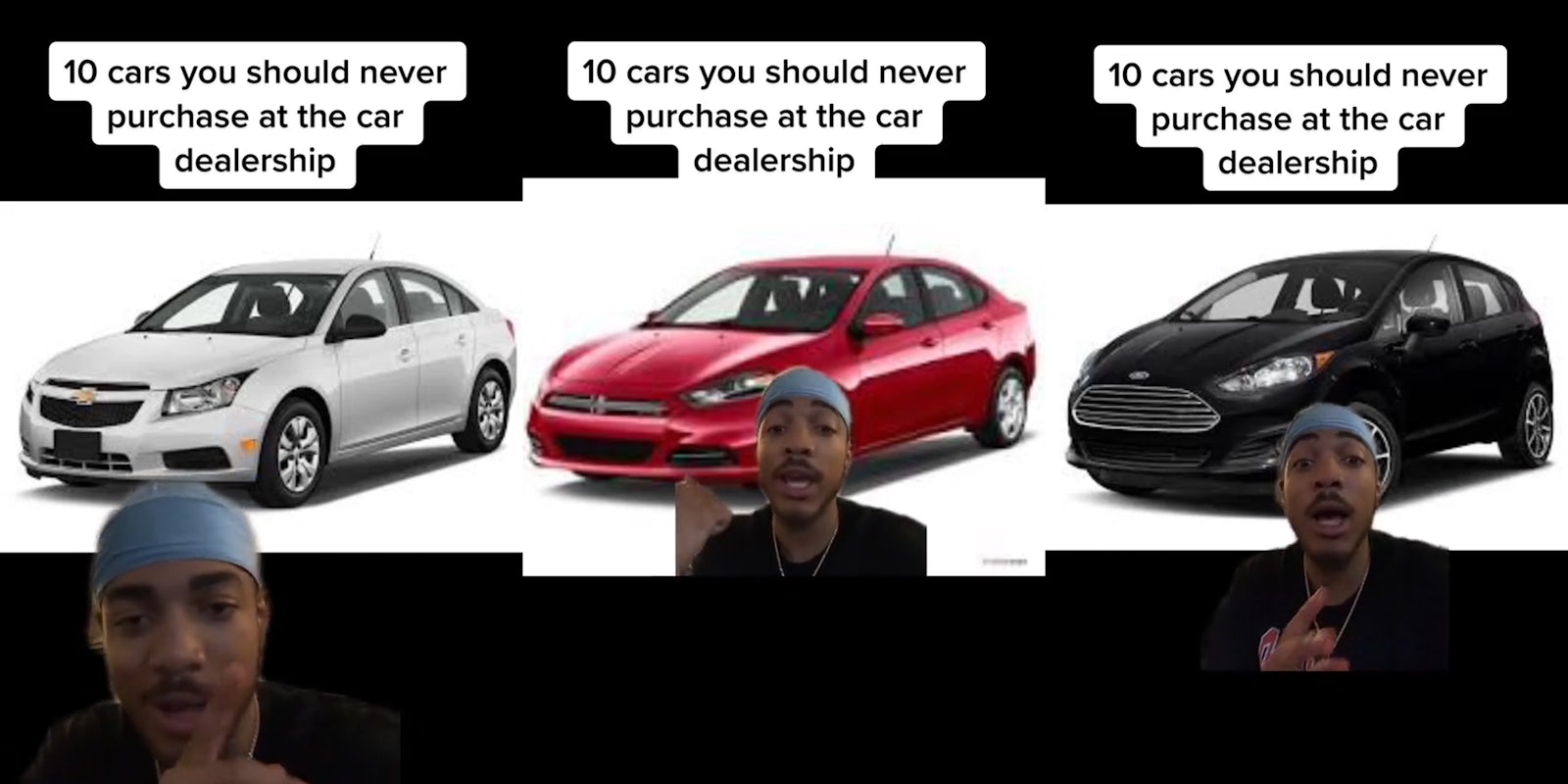 car seller greenscreen TikTok over image of Chevy Cruise with caption '10 cars you should never purchase at the car dealership' (l) car seller greenscreen TikTok over image of Dodge Dart with caption '10 cars you should never purchase at the car dealership' (c) car seller greenscreen TikTok over image of Ford Fiesta with caption '10 cars you should never purchase at the car dealership' (r)