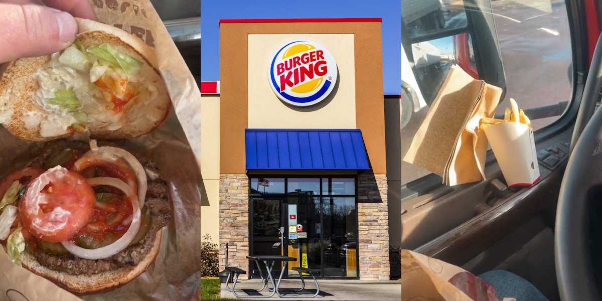 man holding top bun of burger form Burger King to show inside ingredients (l) Burger King restaurant with sign (c) fries and napkins in car from Burger King (r)