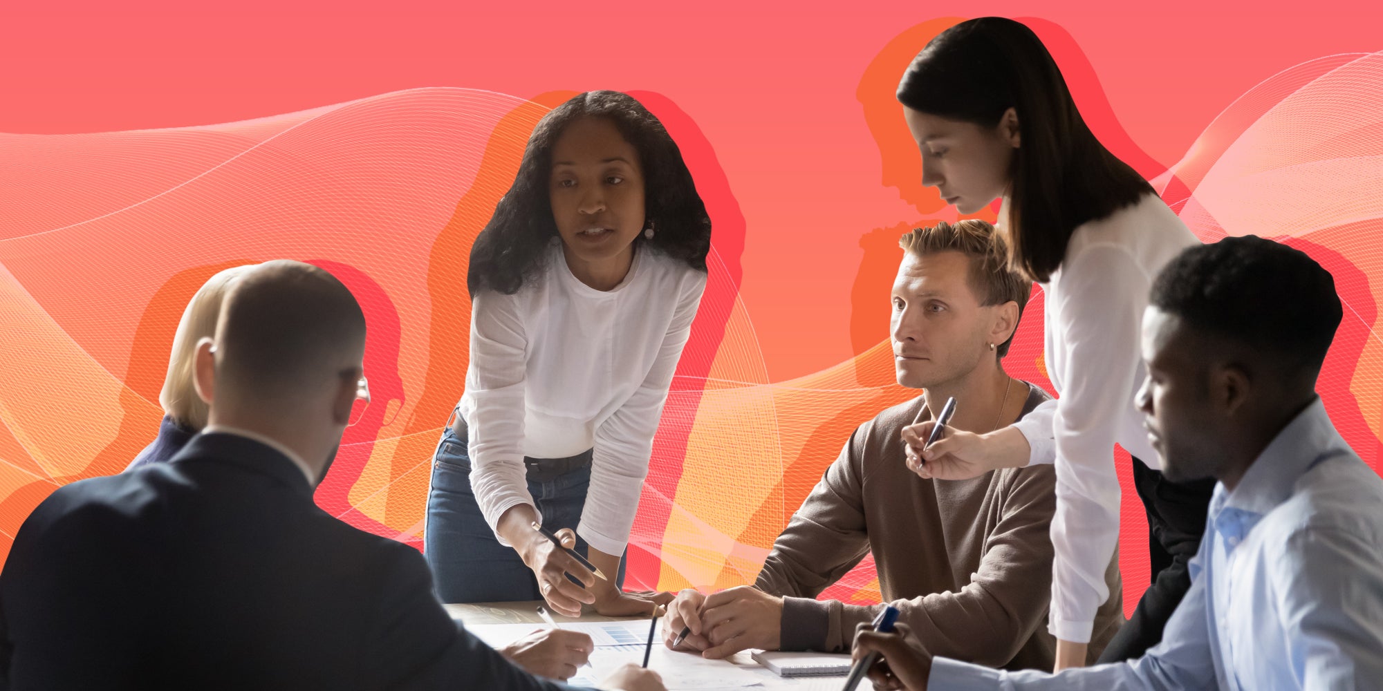 business team at table speaking in front of pink to orange background passionfruit remix