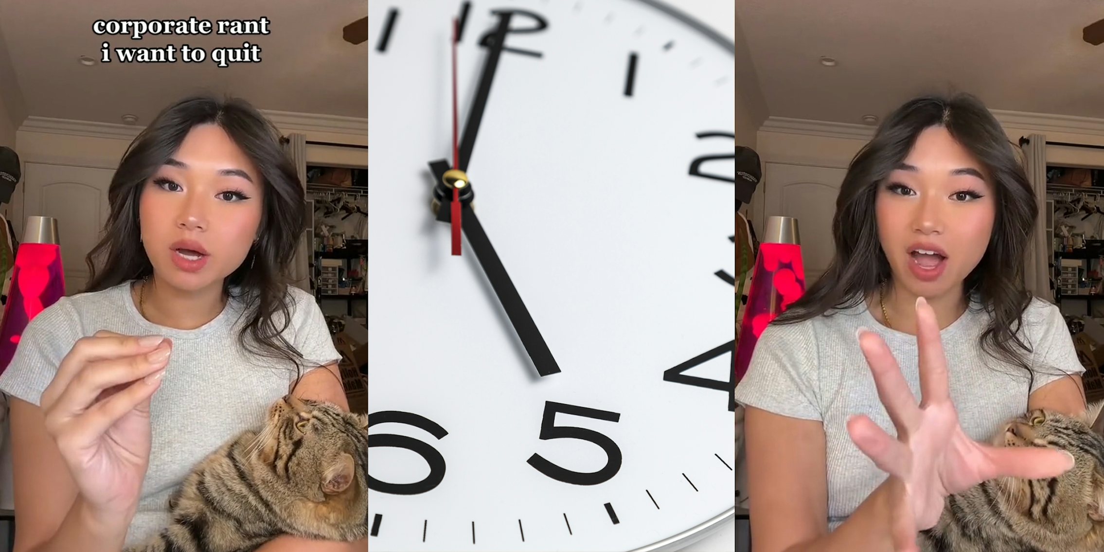 woman speaking with caption 'corporate rant i want to quit' (l) 5 on clock (c) woman speaking with hand out (r)