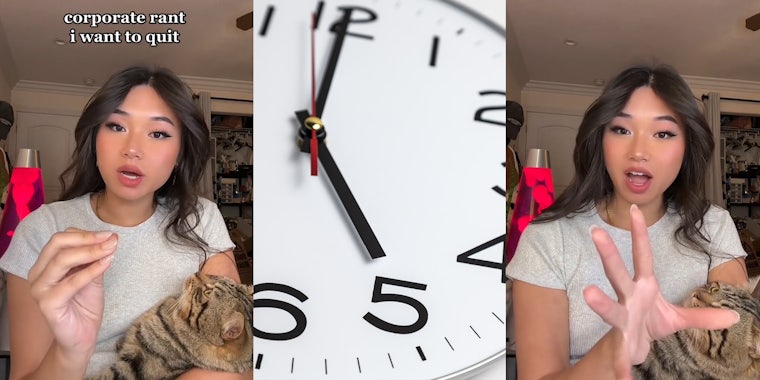 woman speaking with caption 'corporate rant i want to quit' (l) 5 on clock (c) woman speaking with hand out (r)