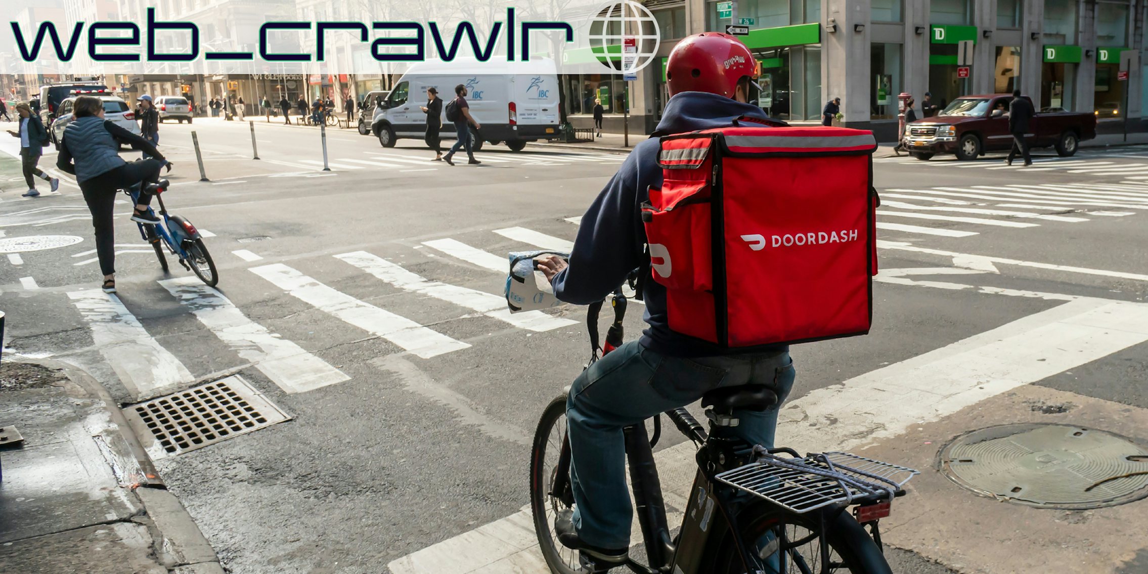 A person on a bike with a DoorDash bag. The Daily Dot newsletter web_crawlr logo is in the top left corner.
