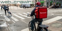 A person on a bike with a DoorDash bag. The Daily Dot newsletter web_crawlr logo is in the top left corner.