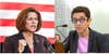 Catherine Cortez Masto speaking into microphone in front of American flag (l) Gigi Sohn speaking into microphone