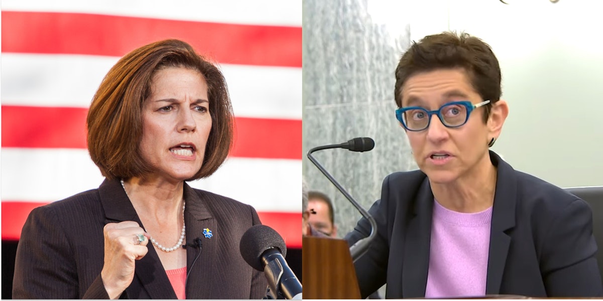Catherine Cortez Masto speaking into microphone in front of American flag (l) Gigi Sohn speaking into microphone