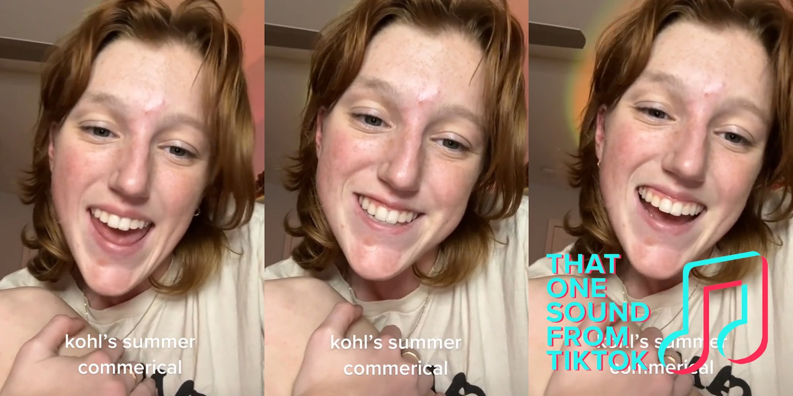 woman speaking with caption 'kohl's summer commercial' (l) woman speaking with caption 'kohl's summer commercial' (c) woman speaking with caption 'kohl's summer commercial' with That One Sound From TikTok logo (r)