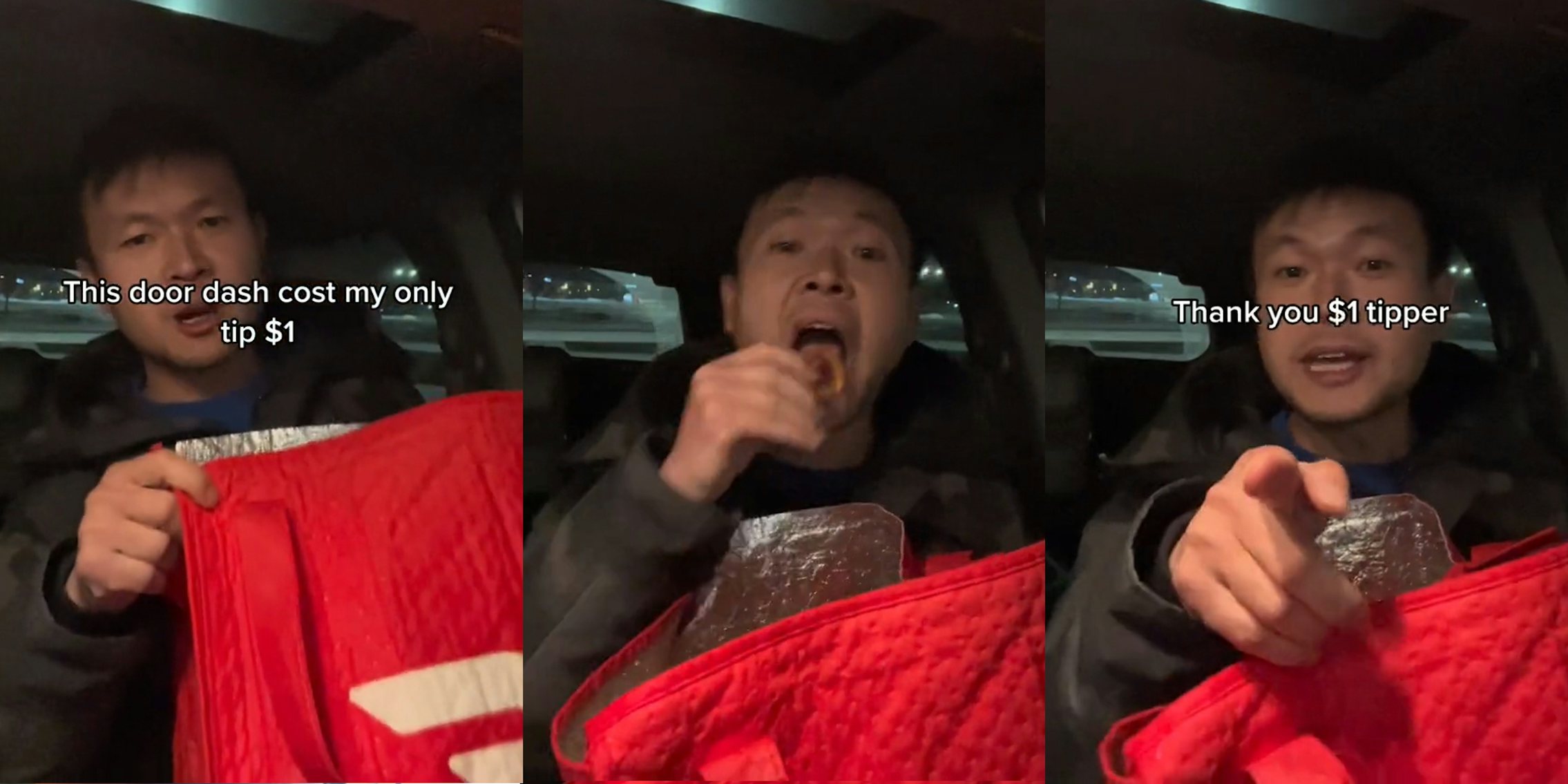 DoorDash driver in car with branded bag caption 'This door dash cost my only tip $1' (l) DoorDash driver in car with branded bag eating Arby's (c) DoorDash driver in car with branded bag pointing finger caption 'Thank you $1 tipper' (r)