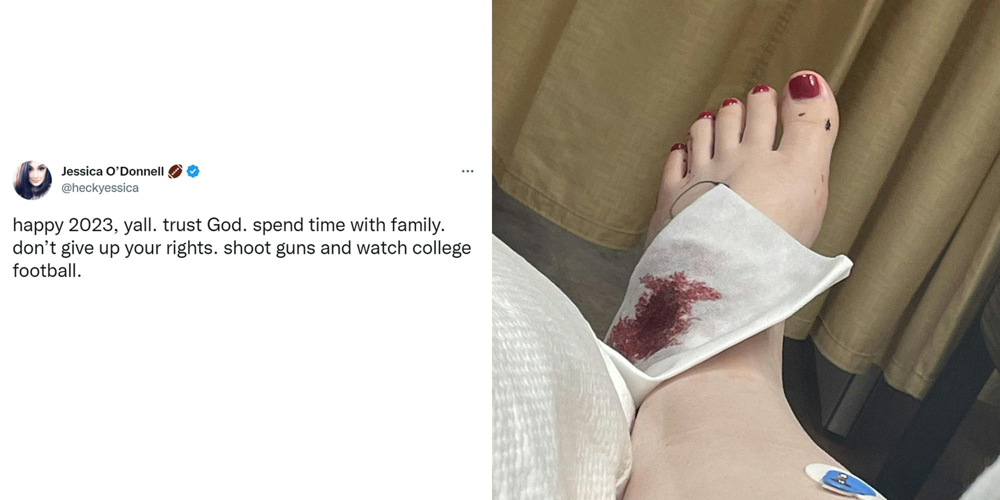 Tweet by Jessica O'Donnell "happy 2023, y'all. trust God. spend time with family. don't give up your rights. shoot guns and watch college football." on white background (l) injured person's foot with bloody bandage (r)