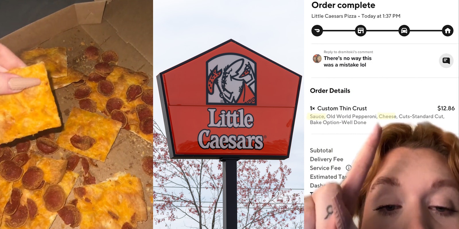 pizza with no cheese or sauce in box (l) Little Caesars sign outside (c) customer pointing finger at order details (r)