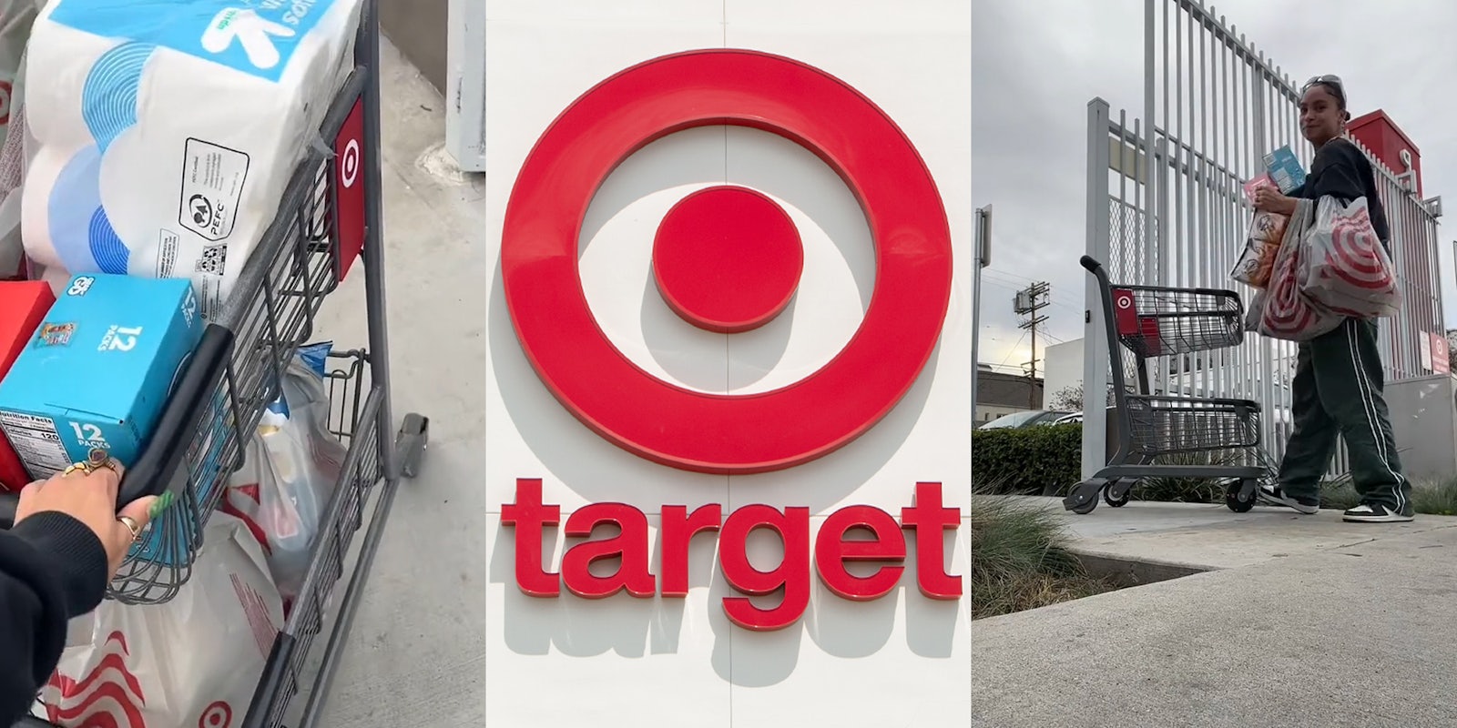 person trying to pull Target shopping cart with groceries inside (l) Target sign on wall (c) person unloading groceries from cart (r)