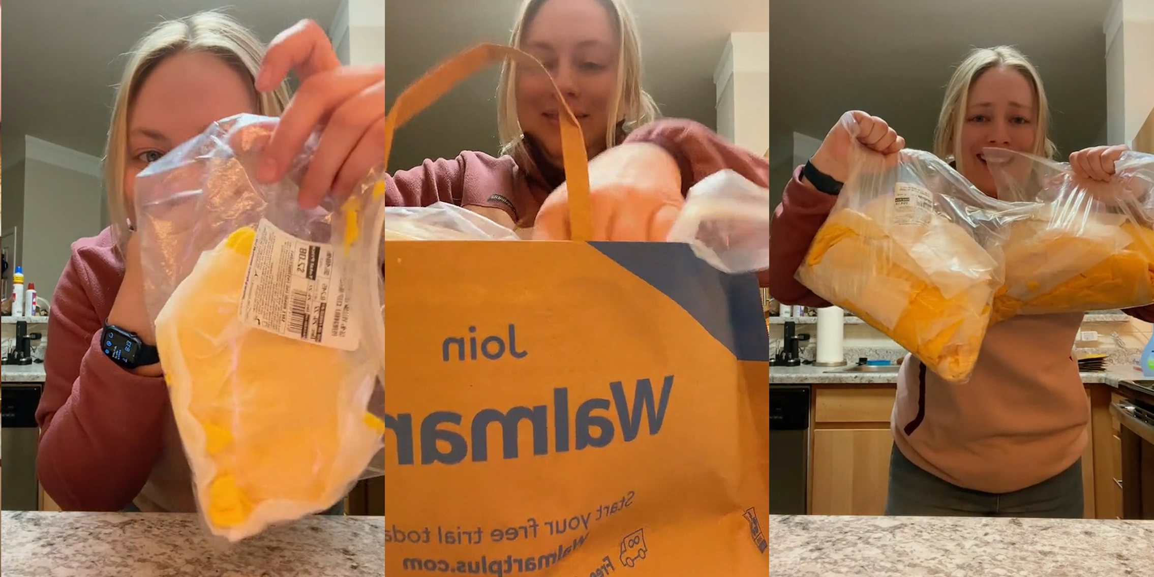 woman holding normal bag of cheese over counter (l) woman digging through paper bag (c) woman holding up 30 lbs. of cheese in bags over counter (r)