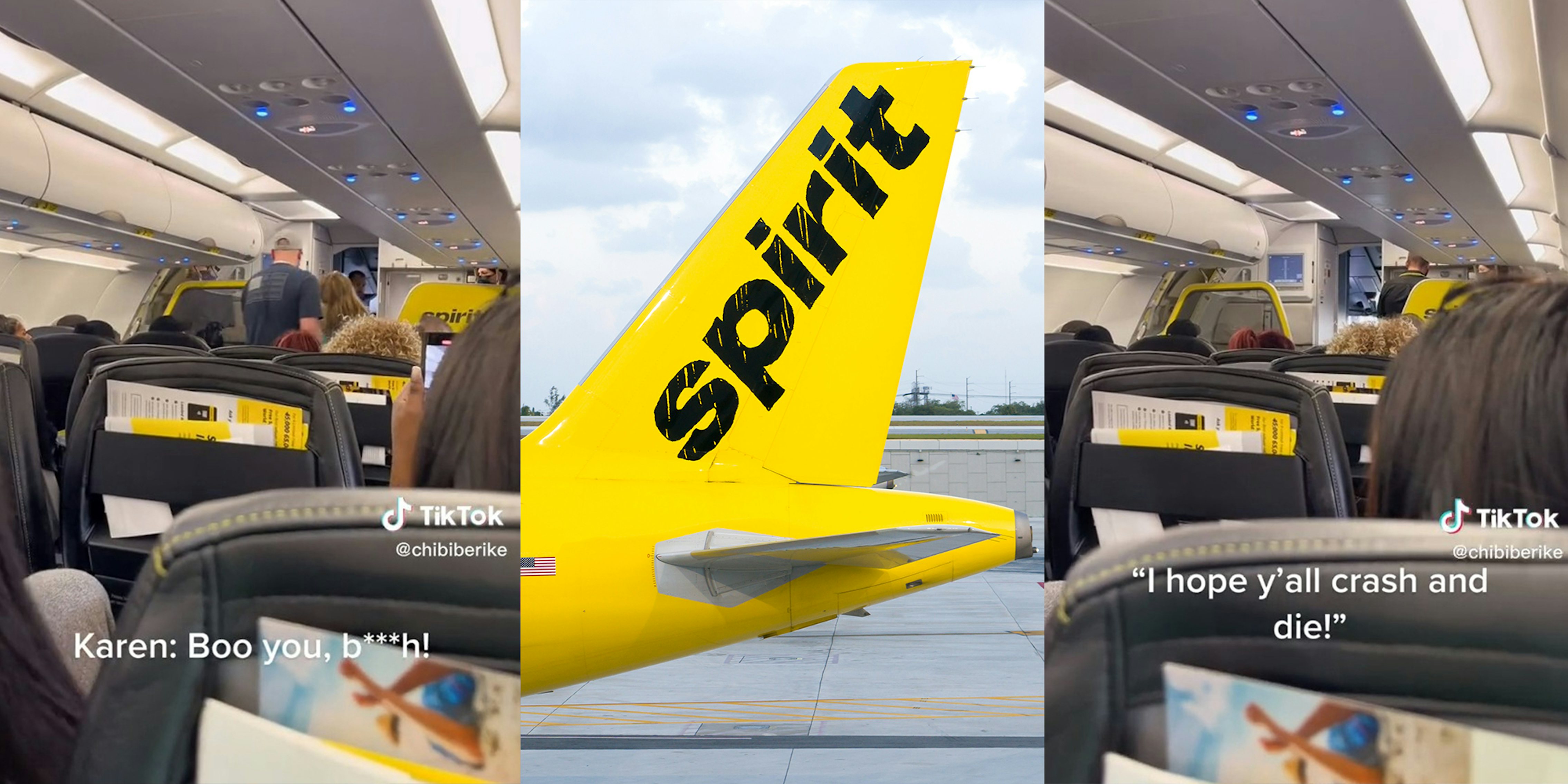 Screenshots from a TikTok showing the inside of an airplane. In the middle is the tail of a Spirt aircraft. 