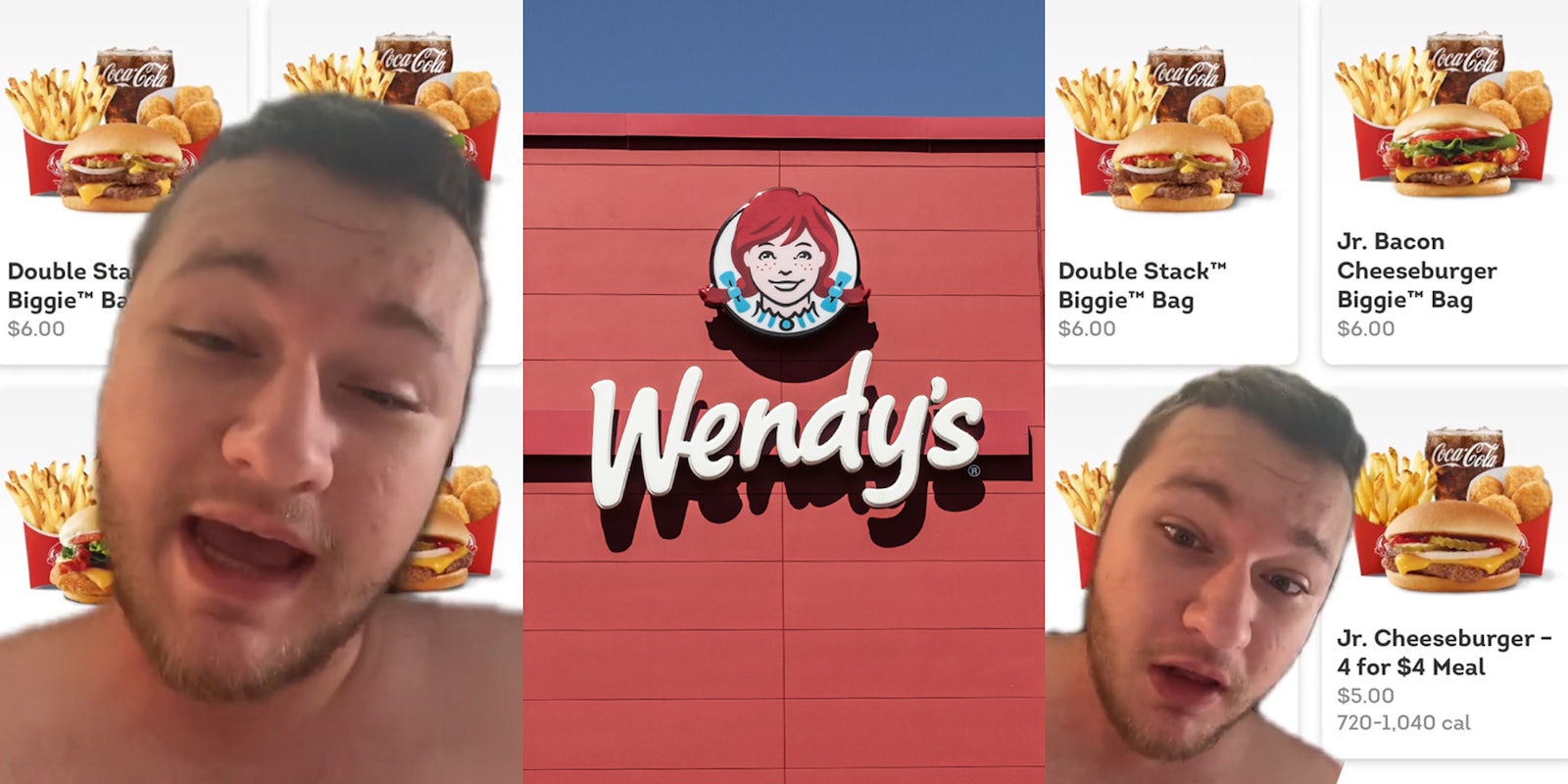 Man greenscreen TikTok over Wendy's menu (l) Wendy's sign on building with blue sky (c) Man greenscreen TikTok over Wendy's menu 4 for $4 priced at $5 (r)