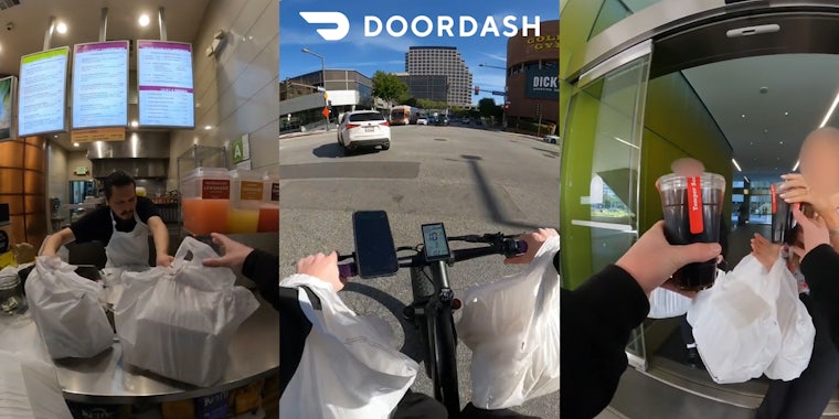 DoorDash driver grabbing bags of food from counter at restaurant (l) DoorDash driver riding bike with food in bags on wrists with DoorDash logo above (c) DoorDash driver handing customers drinks and food at glass doors (r)