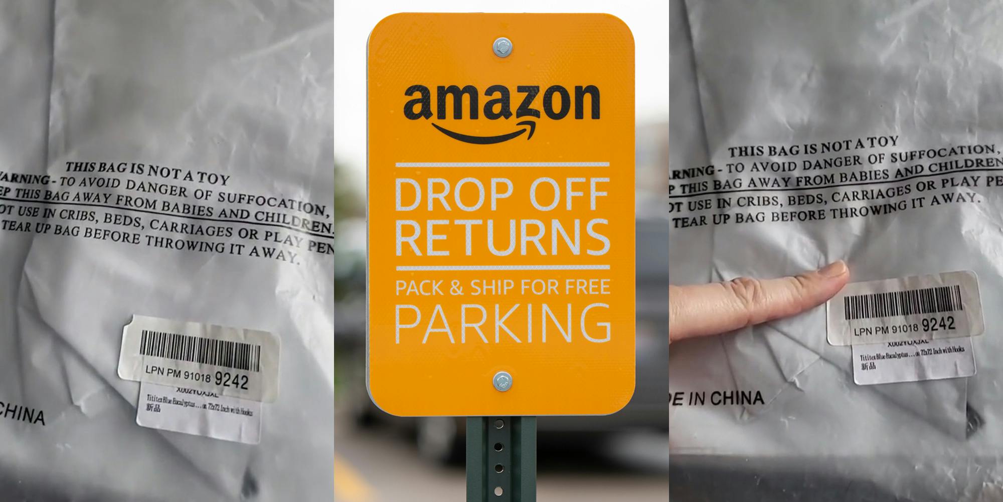 Amazon package with sticker on right corner (l) Amazon DROP OFF RETURNS" sign in parking lot (c) finger pointing to sticker on right side of Amazon package (r)