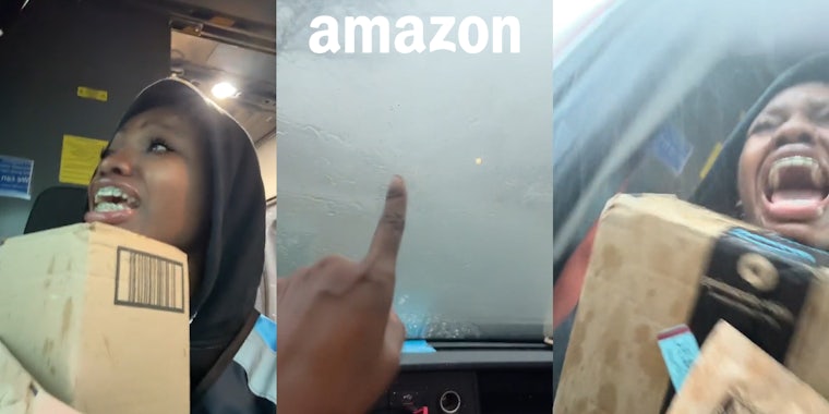 Amazon employee holding package and speaking in truck (l) finger pointing to windshield from inside of car showing rain and hail with Amazon logo above (c) Amazon employee holding package while getting hit by hail and rain (r)