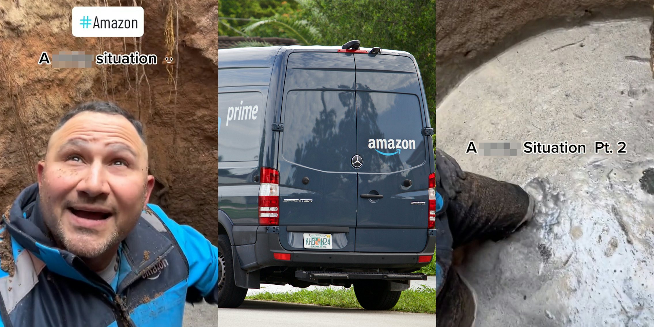 Amazon delivery driver in hole in ground speaking looking up with caption '#Amazon' A blank situation' (l) Amazon delivery truck parked outside of customer's home (c) Amazon delivery driver knees deep in liquid at bottom of hole in ground with caption 'A blank Situation Pt. 2' (r)