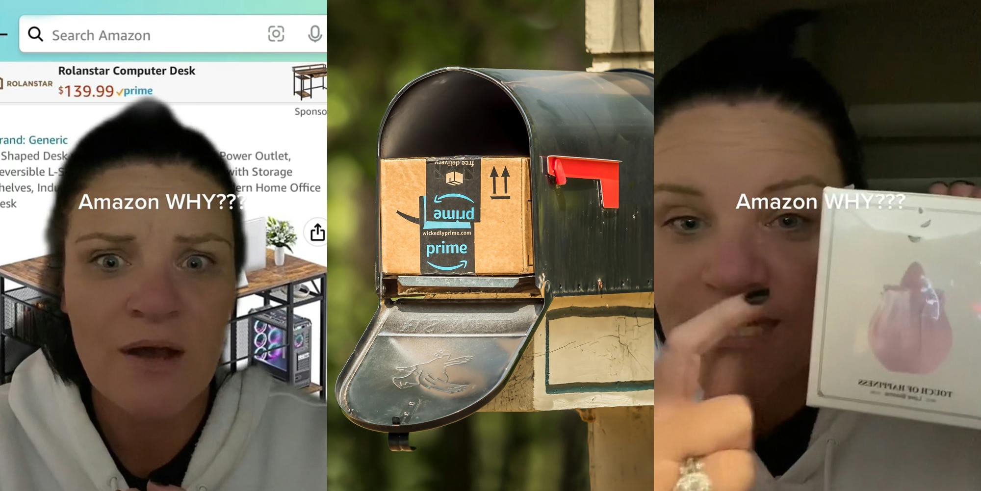 woman greenscreen TikTok over Amazon listing for gaming desk with caption "Amazon WHY???" (l) Amazon package in mailbox outside (c) woman speaking in car holding box pointing to it with caption "Amazon WHY???" (r)