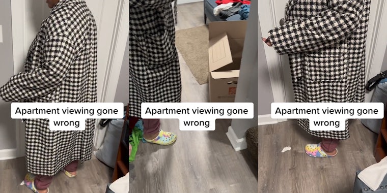 woman in apartment at door with caption 'Apartment viewing gone wrong' (l) woman in apartment with caption 'Apartment viewing gone wrong' (c) woman in apartment at door with caption 'Apartment viewing gone wrong' (r)
