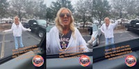 woman yelling with arms out in parking lot with caption 