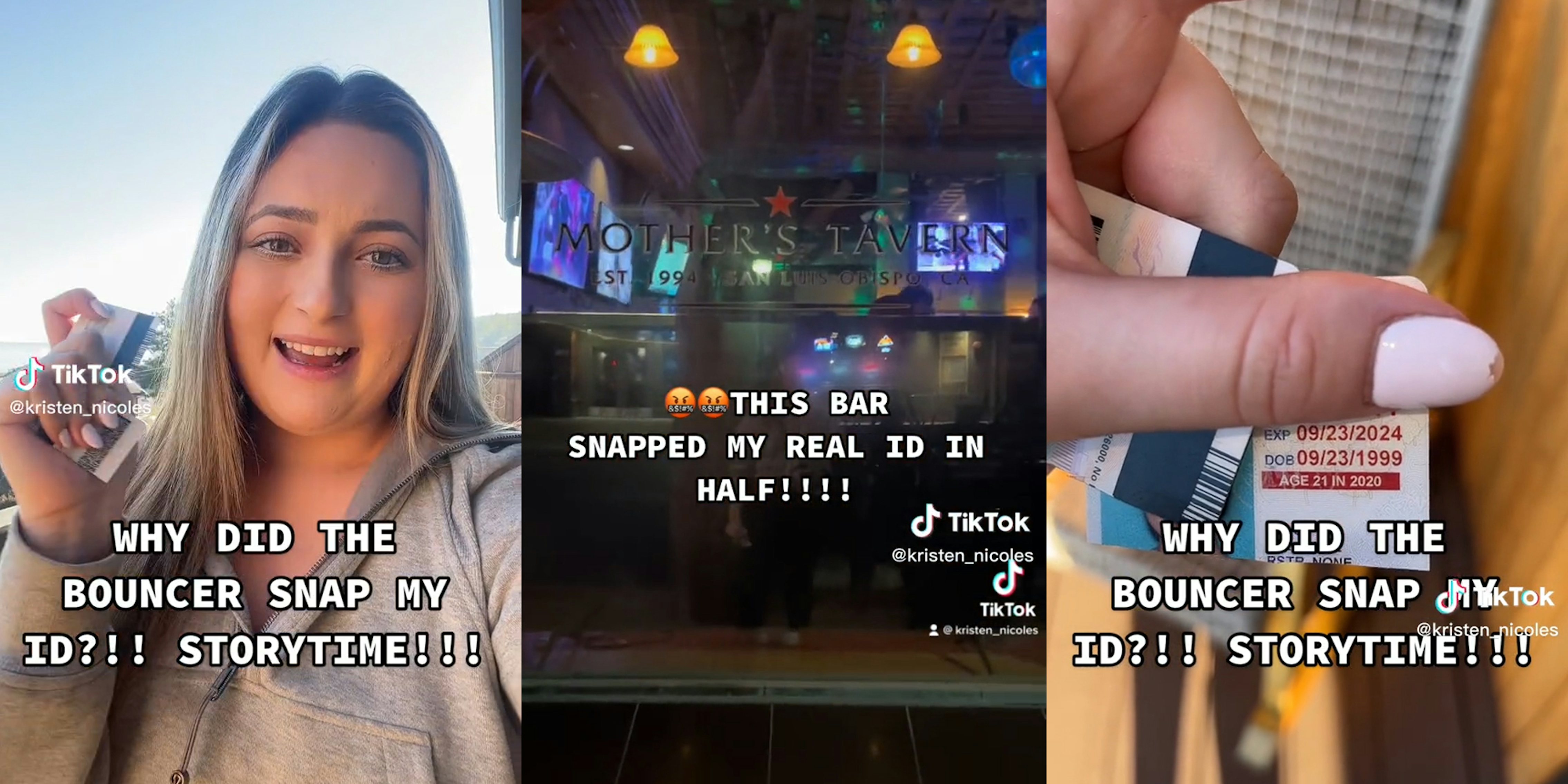 Screenshots from a TikTok showing a woman speaking to the camera and showing a snapped ID. In the middle is a bar.