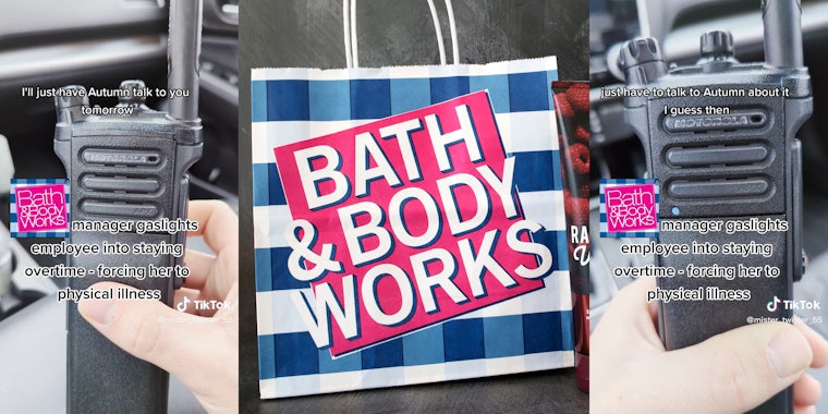 bath and body works bag (c) hand holding walkie talkie (l&r)