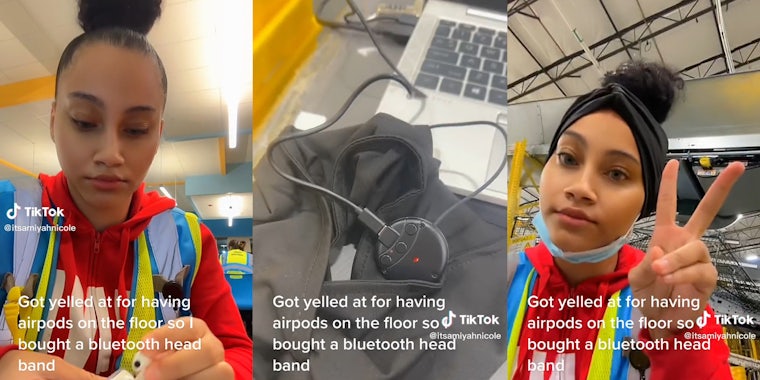 young woman replacing airpods with a bluetooth headband at work