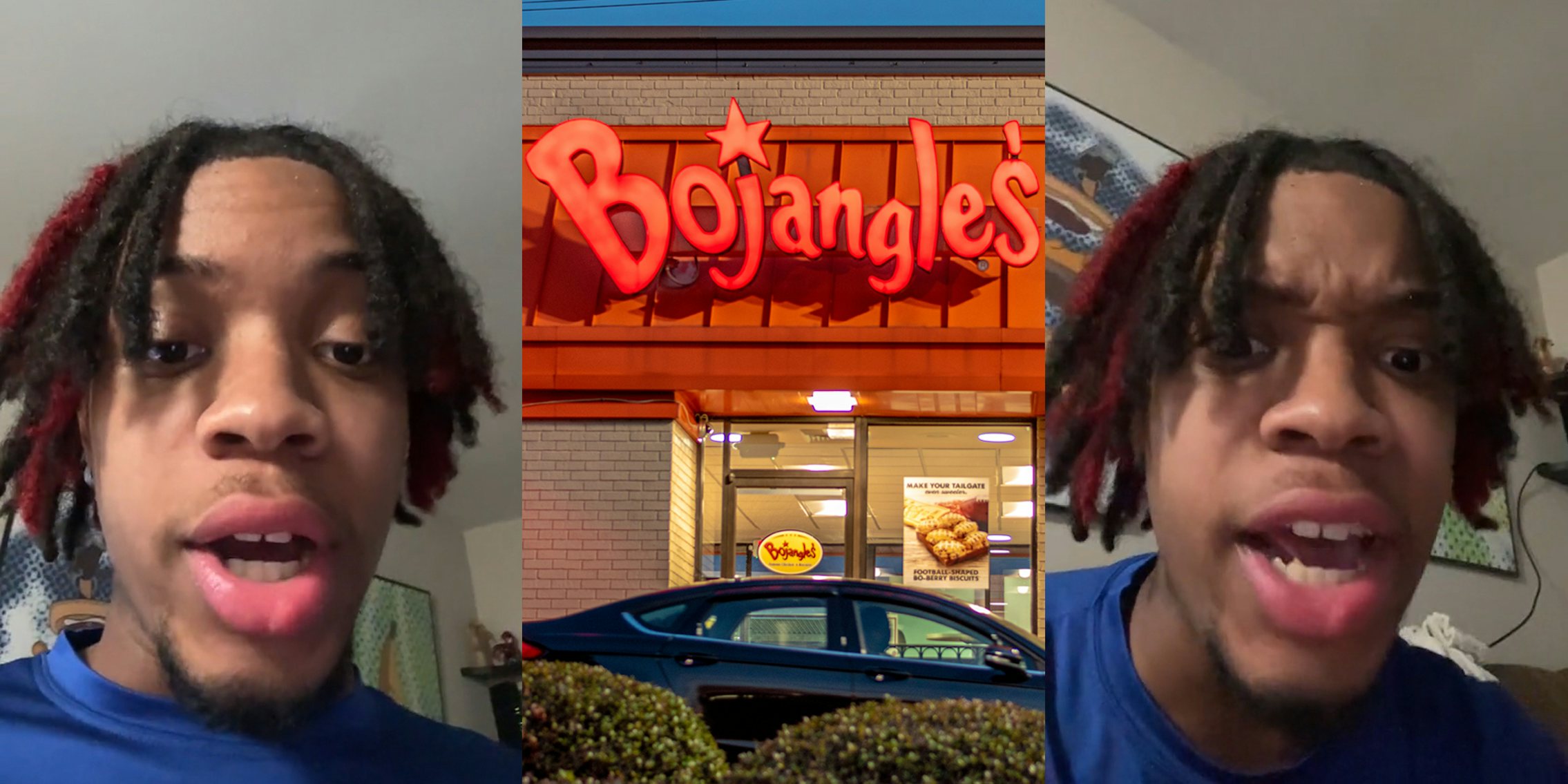 man speaking in front of white walls (l) Bojangles drive thru window with sign above (c) man speaking in front of white walls (r)