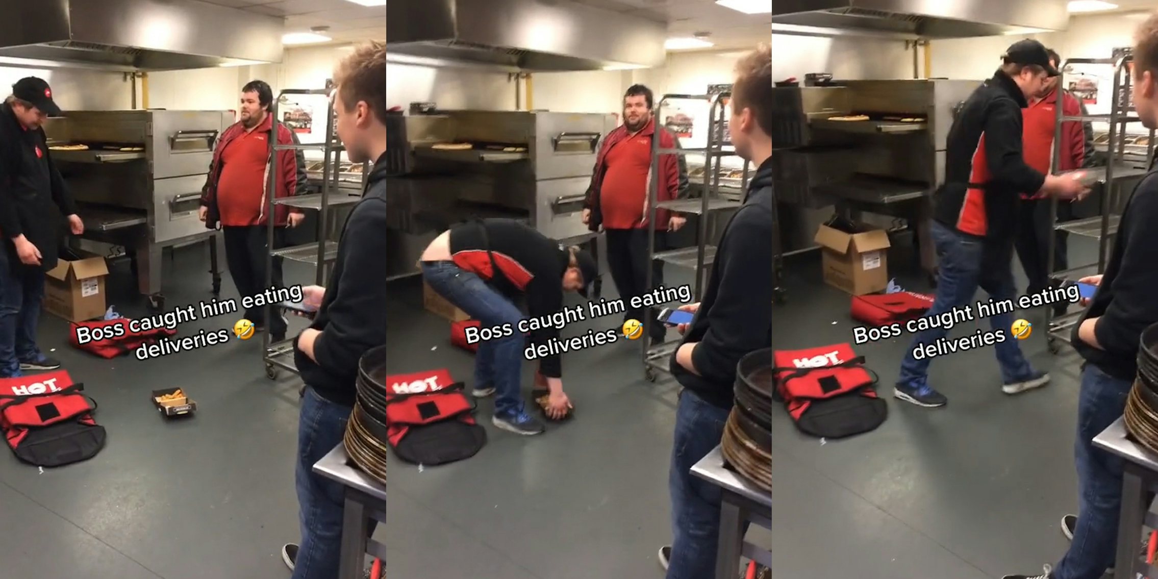 workers in kitchen with caption 'Boss caught him eating deliveries' (l) workers in kitchen watching worker grab food with caption 'Boss caught him eating deliveries' (c) workers in kitchen with caption 'Boss caught him eating deliveries' (r)