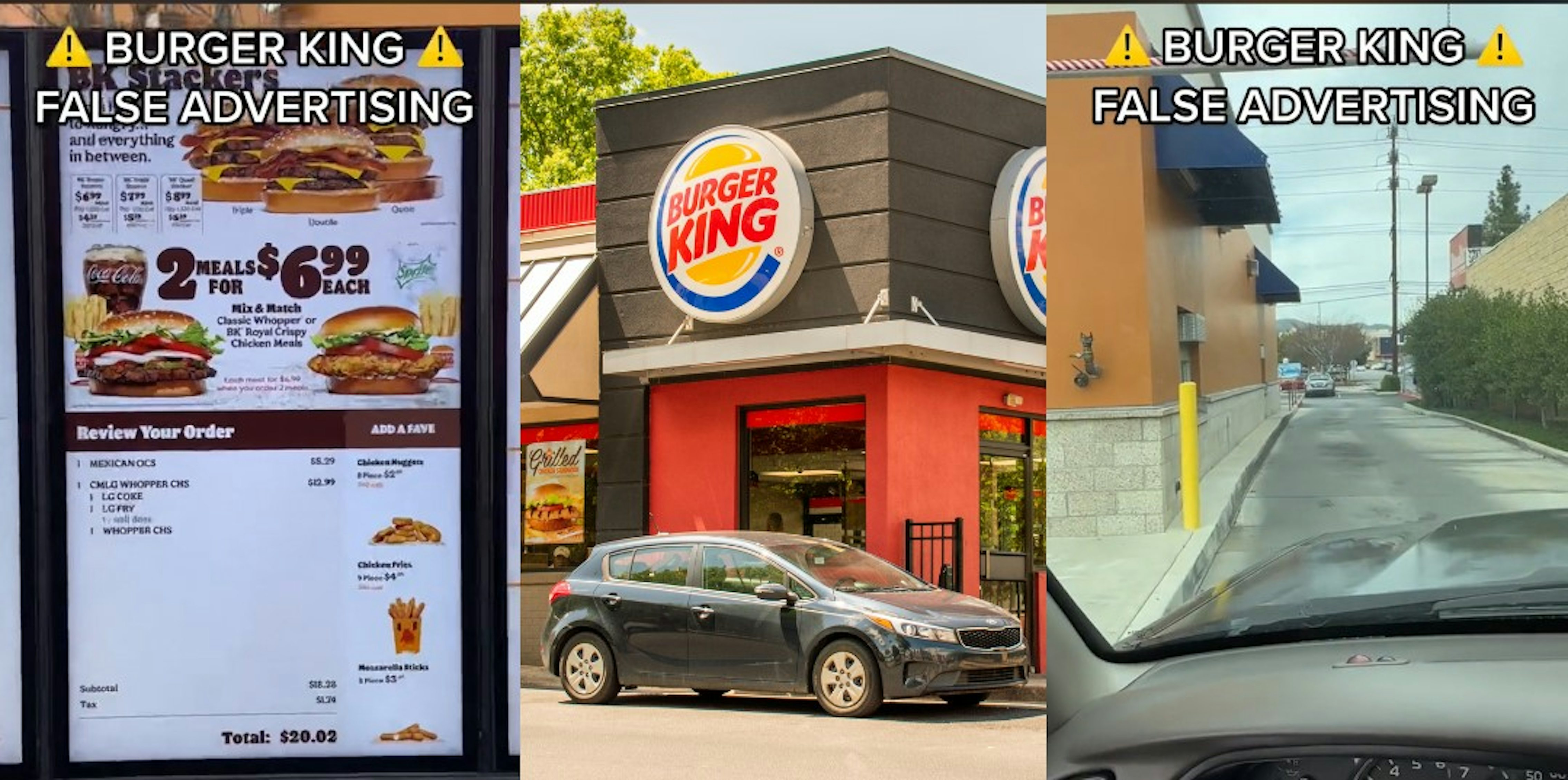 Two screenshots of a Burger King drive-thru. In between them is a Burger King sign. 