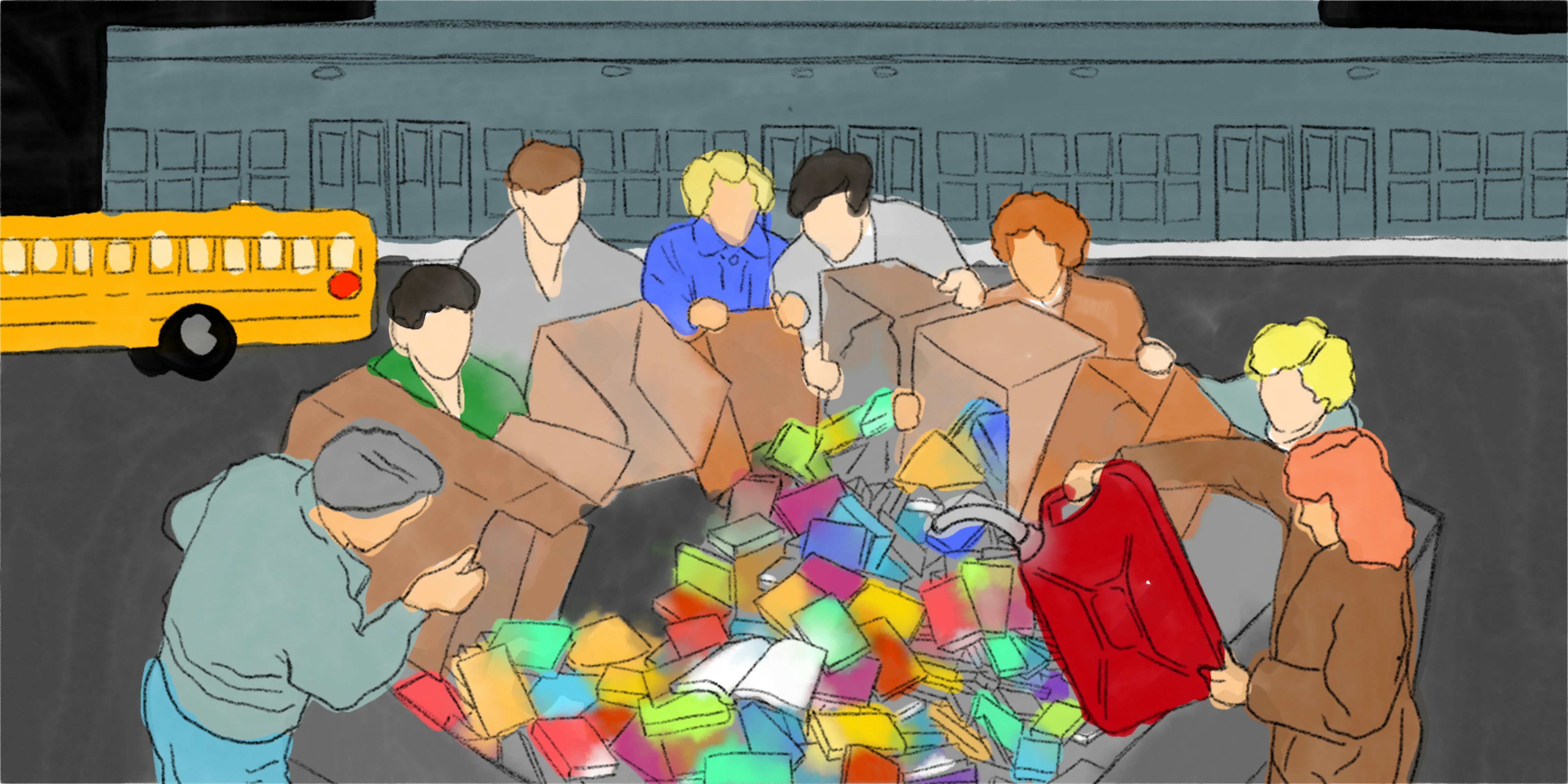 watercolor painting of a group of people starting a fire with books