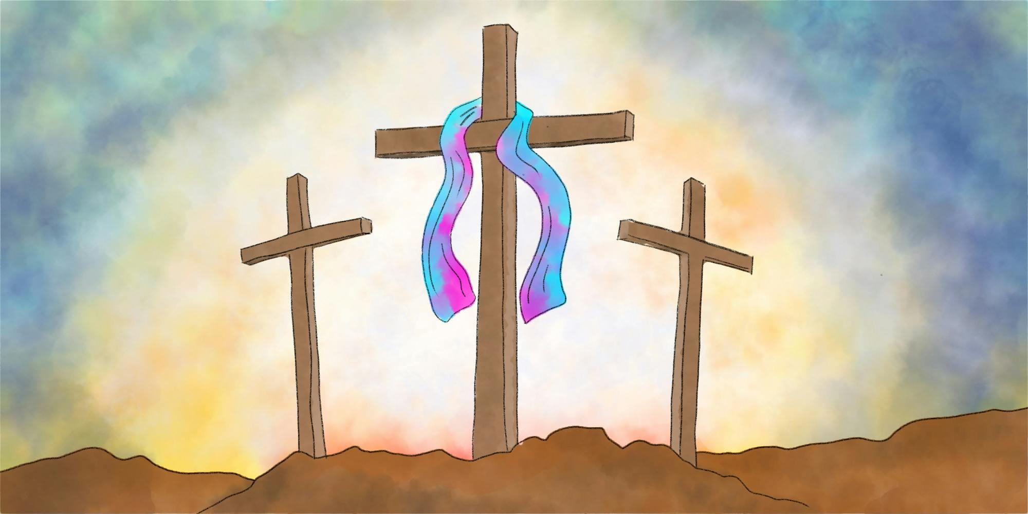 Transgender-flag-colored cloth on crucifix