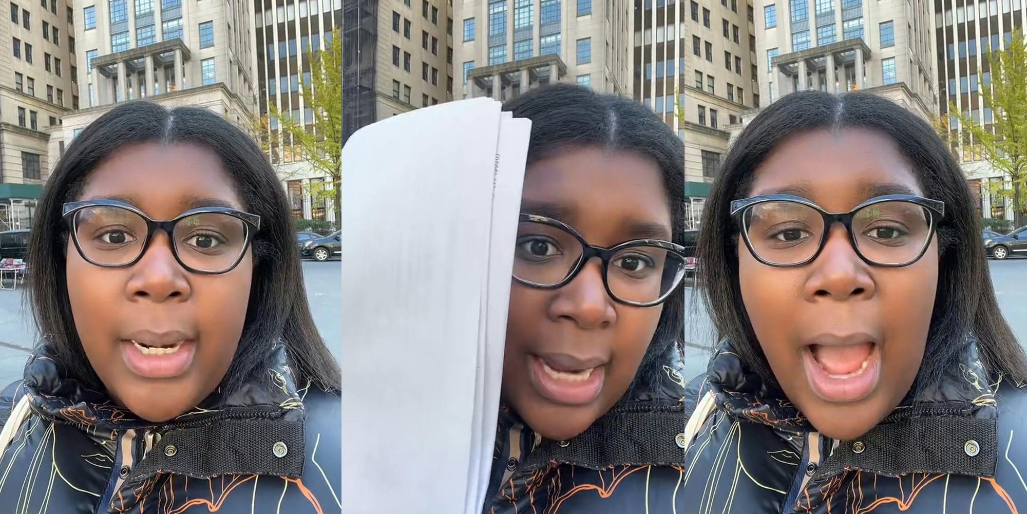 person speaking outside (l) woman speaking outside with papers in hand (c) woman speaking outside (r)