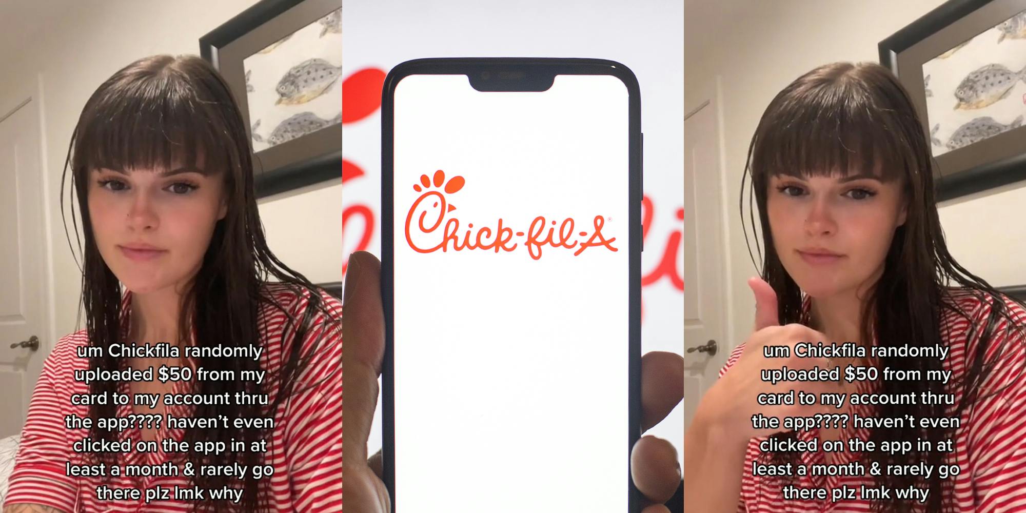 woman with caption "um Chickfila randomly uploaded $50 from my card to my account thru the app??? haven't even clicked on the app in at least a month & rarely go there plz lmk why" (l) Chick-Fil-A on phone in hand in front of white and red background (c) woman with thumb up with caption "um Chickfila randomly uploaded $50 from my card to my account thru the app??? haven't even clicked on the app in at least a month & rarely go there plz lmk why" (r)