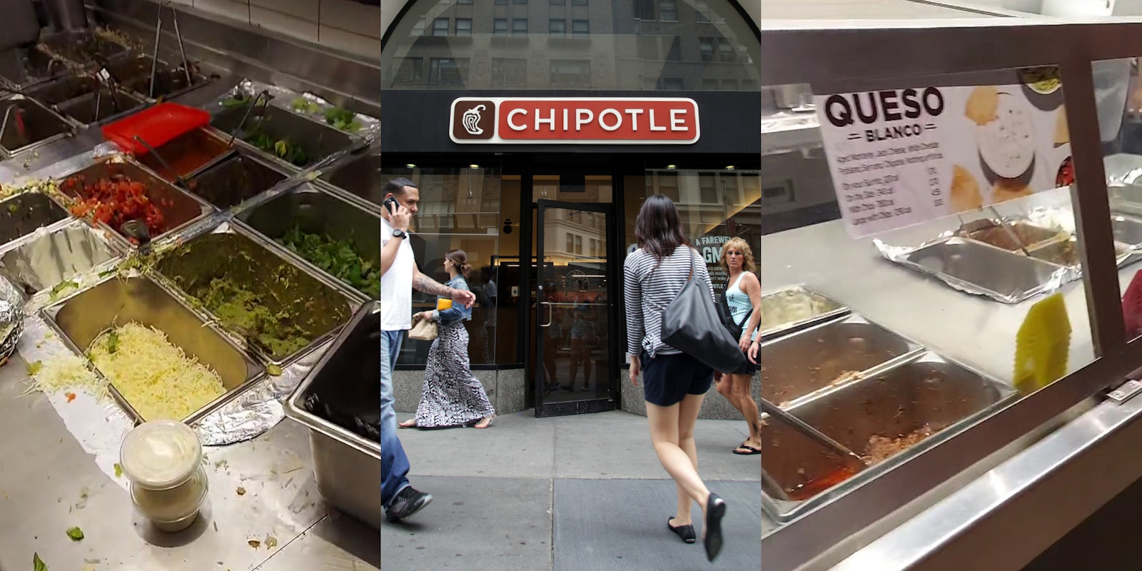 Chipotle ingredients in metal containers (l) Chipotle restaurant with sing in city with people walking (c) Chipotle counter with ingredients low in stock in metal containers (r)