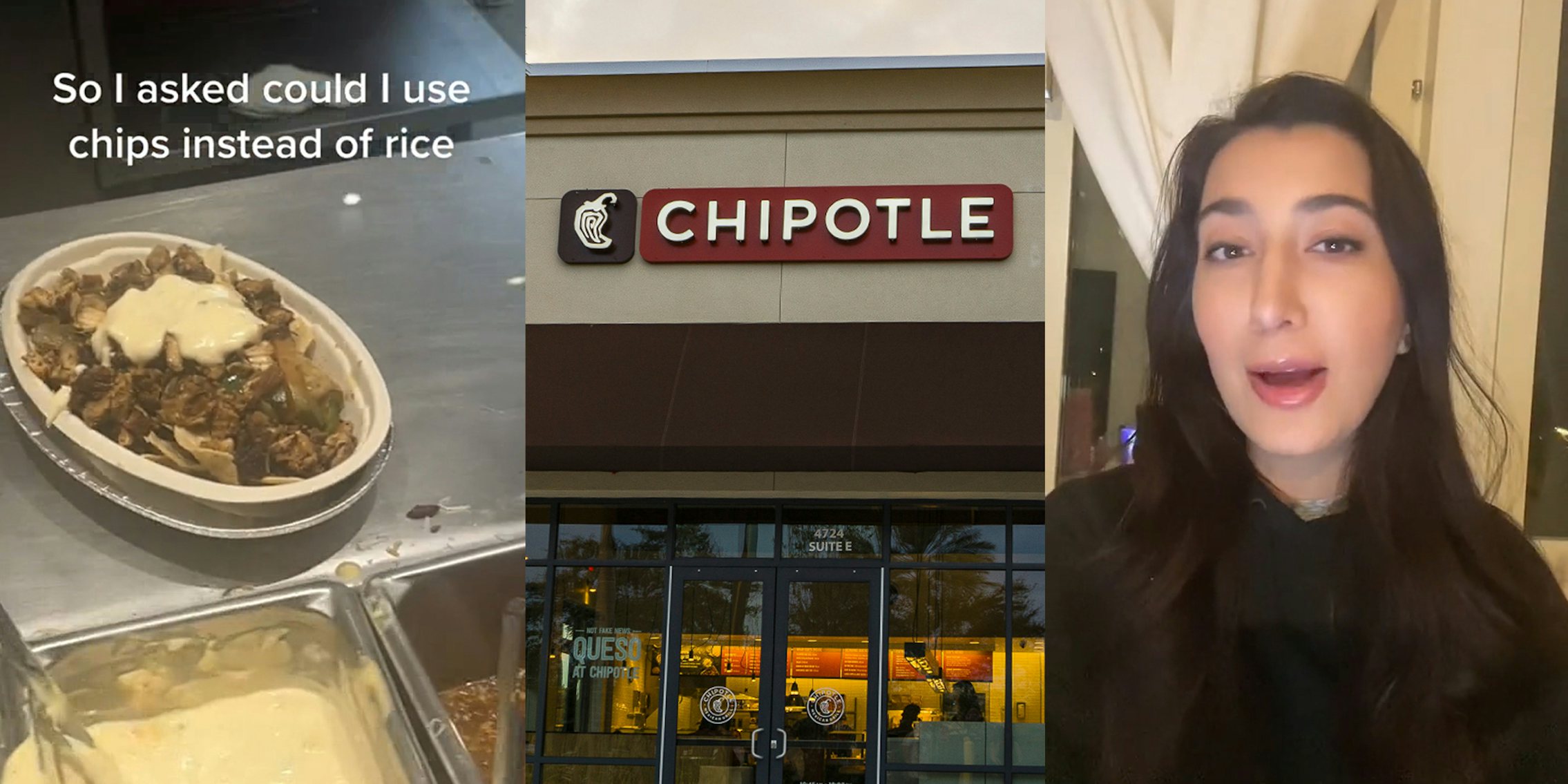 Chipotle bowl with chips instead of rice with caption 'So I asked could I use chips instead of rice' (l) Chipotle building with sign (c) former Chipotle employee speaking (r)