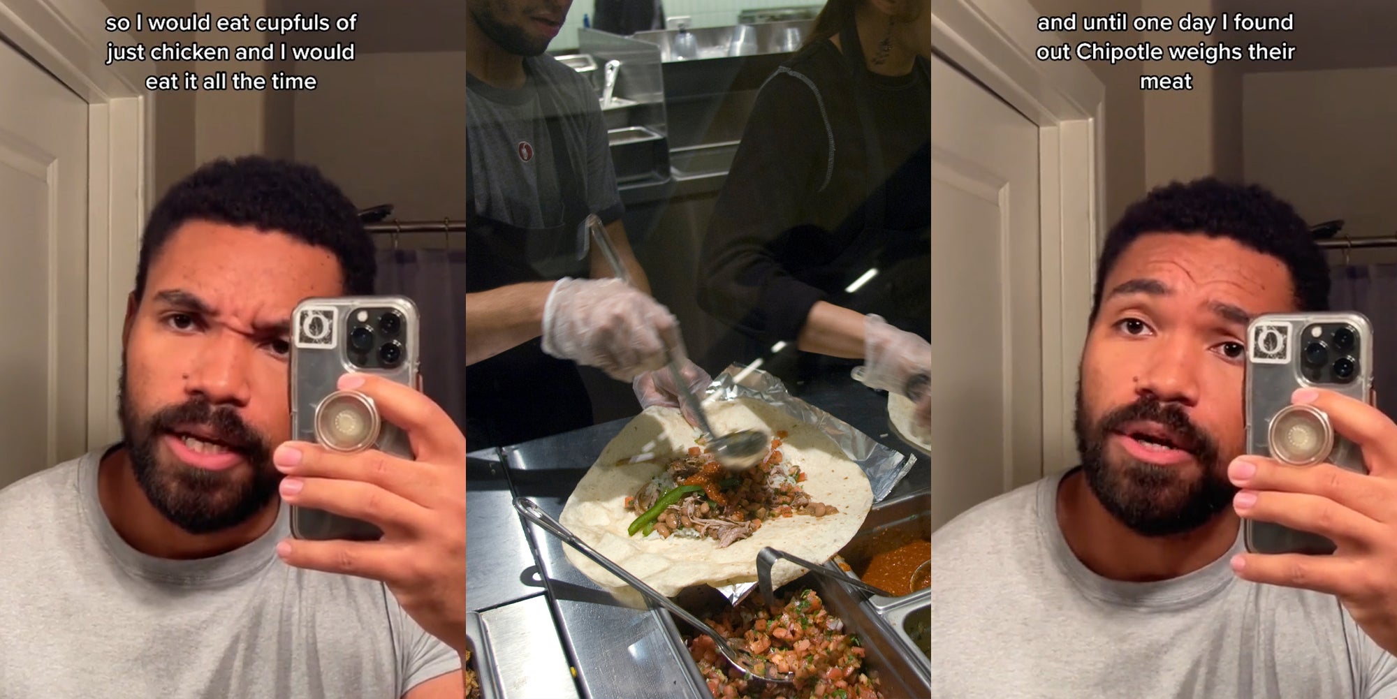 former Chipotle employee speaking caption 'so I would eat capfuls of just chicken and I would eat it all the time' (l) Chipotle employee preparing food (c) former Chipotle employee speaking caption 'and until one day I found out Chipotle weighs their food' (r)