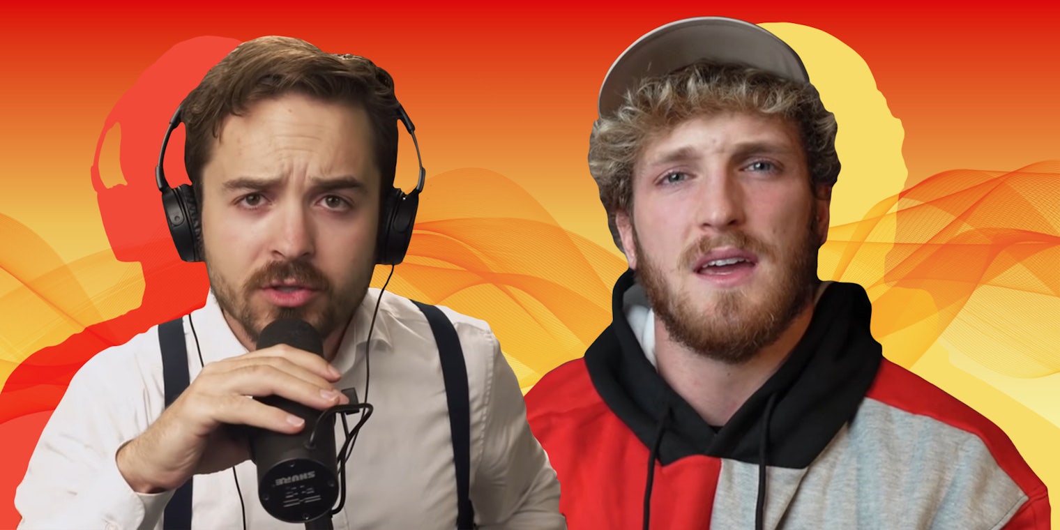 Coffeezilla and Logan Paul in front of red to yellow gradient background Passionfruit Remix