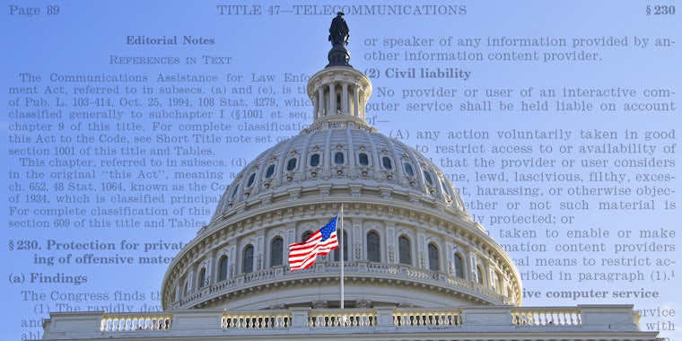 US Capitol Building, Washington DC, with Telecommunications bill text in background