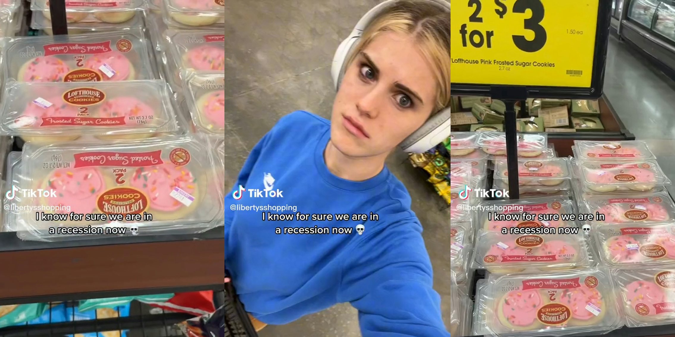 young woman with sugar cookies and caption 'I know for sure we are in a recession now'