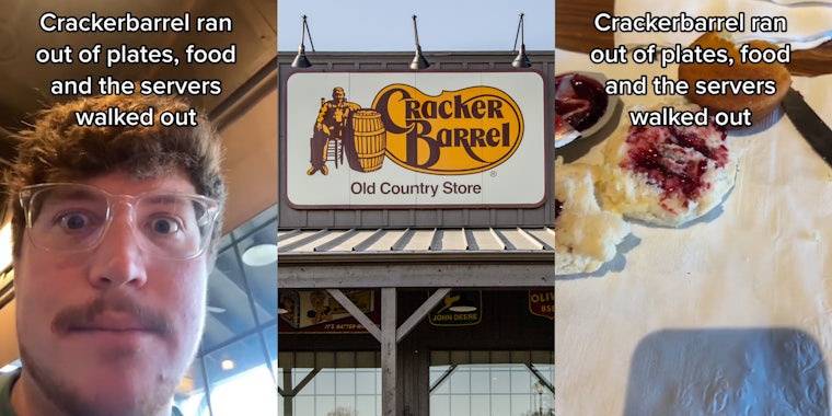 man staring with caption 'Crackerbarrel ran out of plates, food and the servers walked out' (l) Cracker Barrel sign on building (c) food on napkin on table caption 'Crackerbarrel ran out of plates, food and the servers walked out' (r)