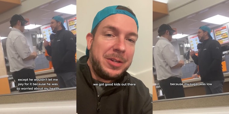 customer speaking to Whataburger manager with caption 'except he wouldn't let me pay for it because he was so worried about my health' (l) customer speaking with caption 'we got good kids out there' (c) customer speaking to Whataburger manager with caption 'because my blood sugar was low' (r)