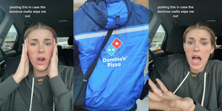woman speaking in car with caption 'posting this in case the dominos mafia wipe me out' (l) Domino's delivery driver with branded jacket on (c) woman speaking in car with caption 'posting this in case the dominos mafia wipe me out' (r)