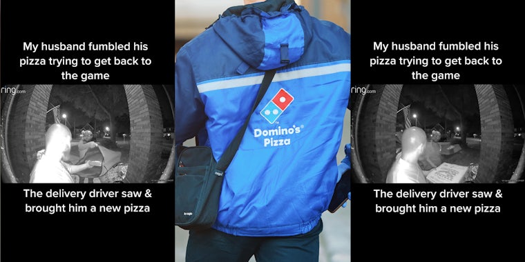 ring.com doorcam with Dominos delivery driver giving customer new pizza with caption 'My husband fumbled his pizza trying to get back to the game The delivery driver saw & brought him a new pizza' (l) Domino's delivery driver with branded jacket (c) ring.com doorcam with Dominos delivery driver giving customer new pizza with caption 'My husband fumbled his pizza trying to get back to the game The delivery driver saw & brought him a new pizza' (r)