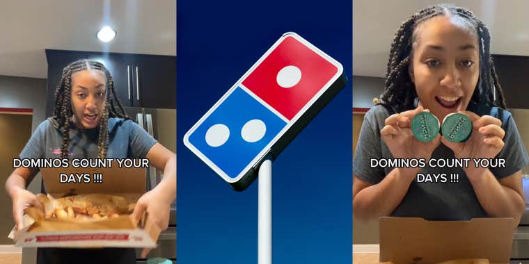 woman speaking holding dessert from Dominos caption 'DOMINOS COUNT YOUR DAYS!!!' (l) Dominos sign in front of blue sky (c) woman holding two ranch dressings caption 'DOMINOS COUNT YOUR DAYS!!!' (r)