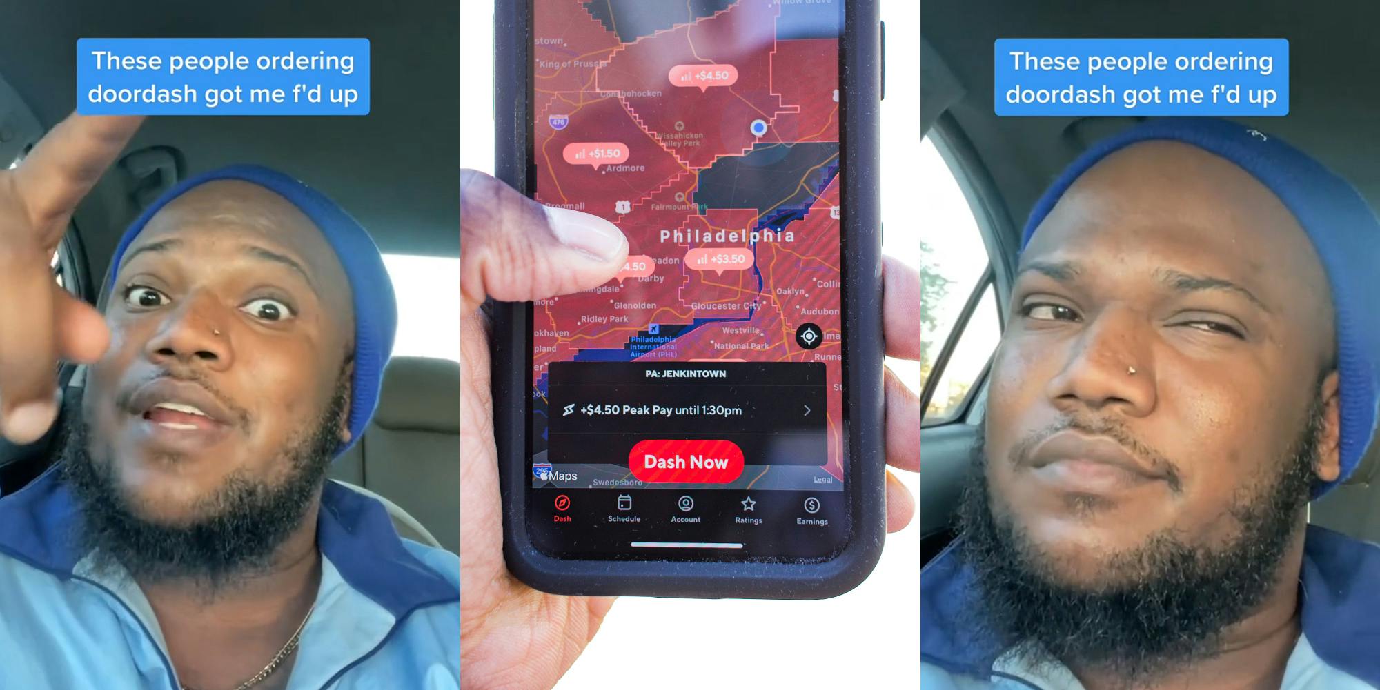DoorDash employee speaking in car with caption "These people ordering doordash got me f'd up" (l) hand holding phone with Dash Now option on DoorDash app in front of white background (c) DoorDash employee speaking in car with caption "These people ordering doordash got me f'd up" (r)