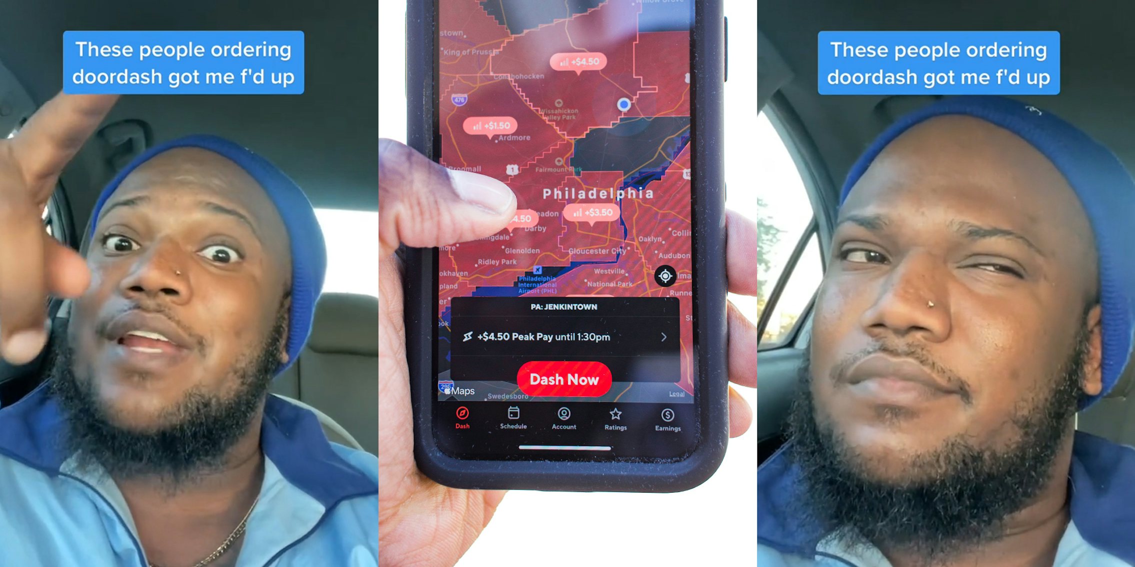 DoorDash employee speaking in car with caption 'These people ordering doordash got me f'd up' (l) hand holding phone with Dash Now option on DoorDash app in front of white background (c) DoorDash employee speaking in car with caption 'These people ordering doordash got me f'd up' (r)