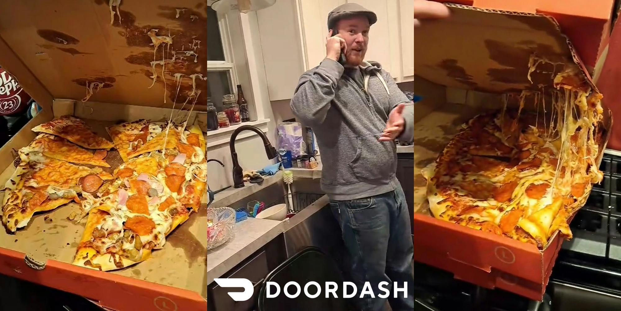 mangled pizza in box (l) man speaking in kitchen on phone with DoorDash logo at bottom (c) mangled pizza in box on top of stove (r)