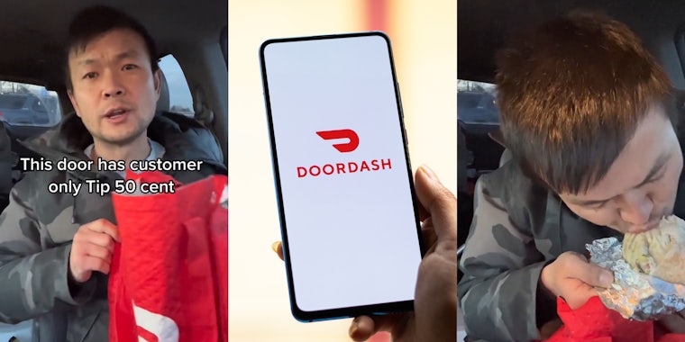 DoorDash employee in car speaking caption 'This door dash customer only Tip 50 cent' (l) hand holding phone with DoorDash on screen in front of tan background (c) DoorDash employee in car taking bite out of burrito (r)