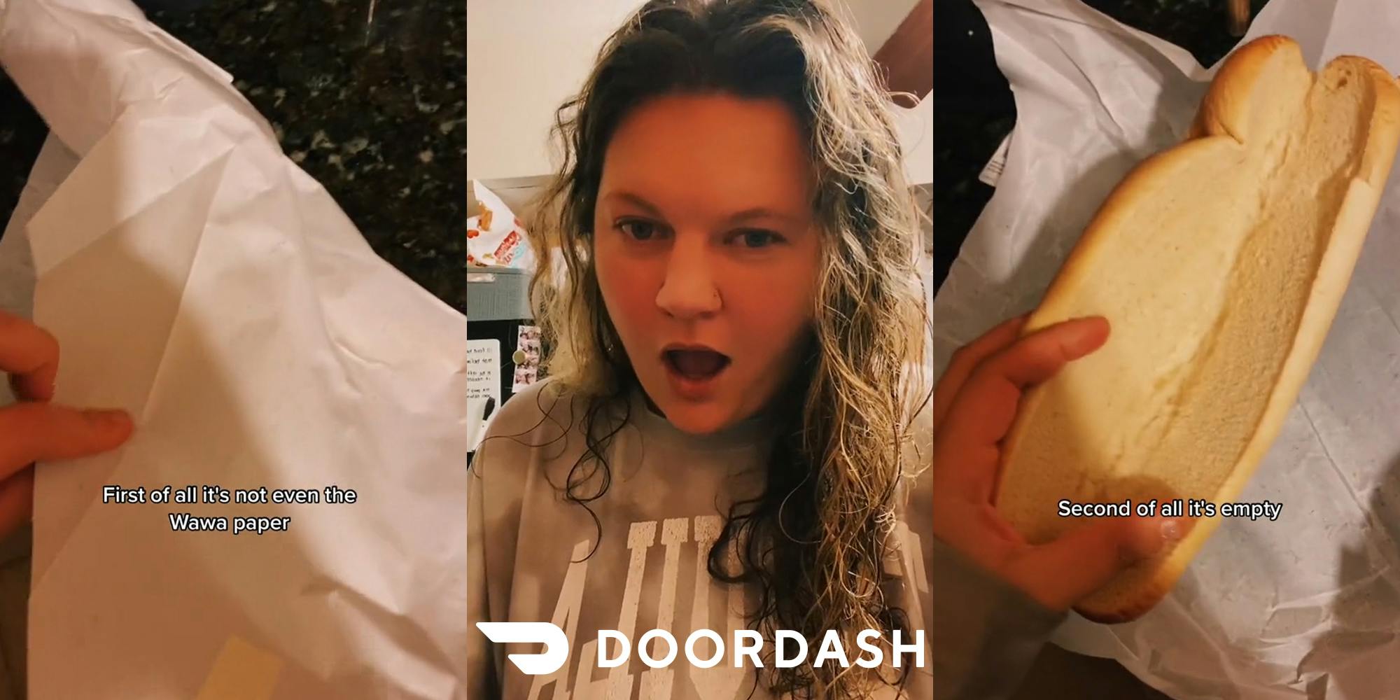 sub paper with hand holding edge on countertop caption "First of all it's not even the Wawa paper" (l) woman speaking with DoorDash white logo at bottom (c) hand spreading sub roll open to reveal empty inside caption "Second of all it's empty" (r)
